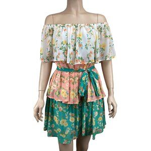 Flying Tomato Floral Off-Shoulder Tiered Dress W/ Belt Size Small Green Pink & W